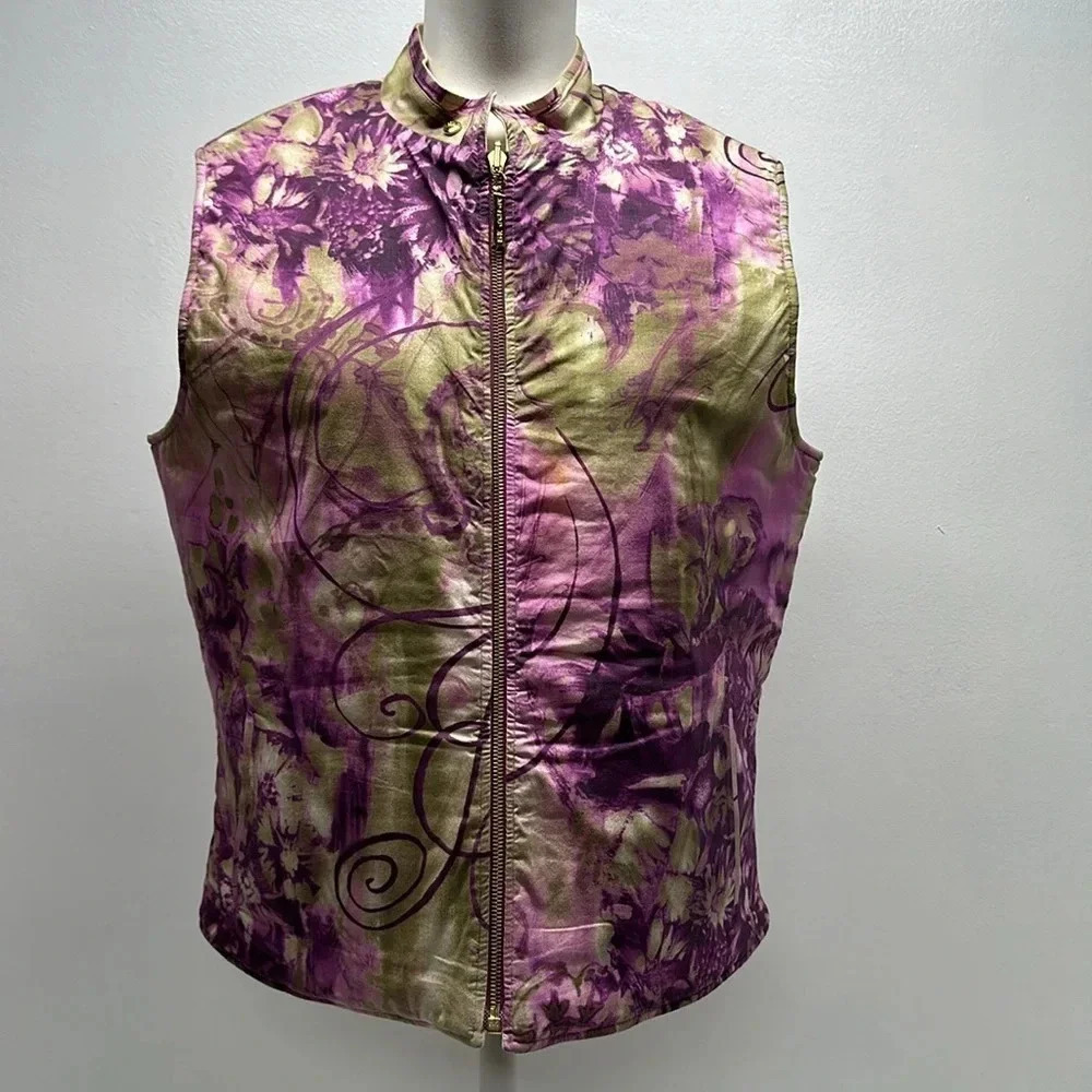 St John Sport Vest Sleeveless Reversible Floral Cotton Cream Purple Size L Large